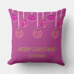 Merry Christmas Pink Gold Glitter Baubles Text Cushion