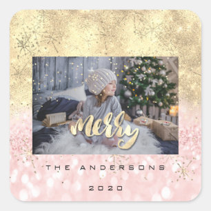 Merry Christmas Pink Gold Stars Glitter Photo Name Square Sticker