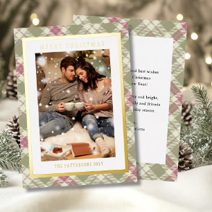 Merry Christmas Pink Green Plaid Tartan Photo Foil Holiday Card