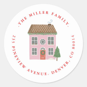 Merry Christmas Pink house Return address Classic Round Sticker
