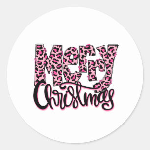 Merry Christmas Pink Leopard Typography Classic Round Sticker