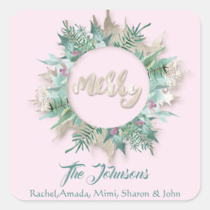 Merry Christmas Pink Mint Ivory Holidays Pastel Square Sticker
