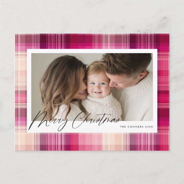 Merry Christmas pink plaid Holiday Postcard (Front)