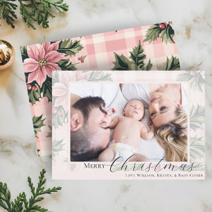 Merry Christmas Pink Plaid Poinsettia Photo Holiday Card