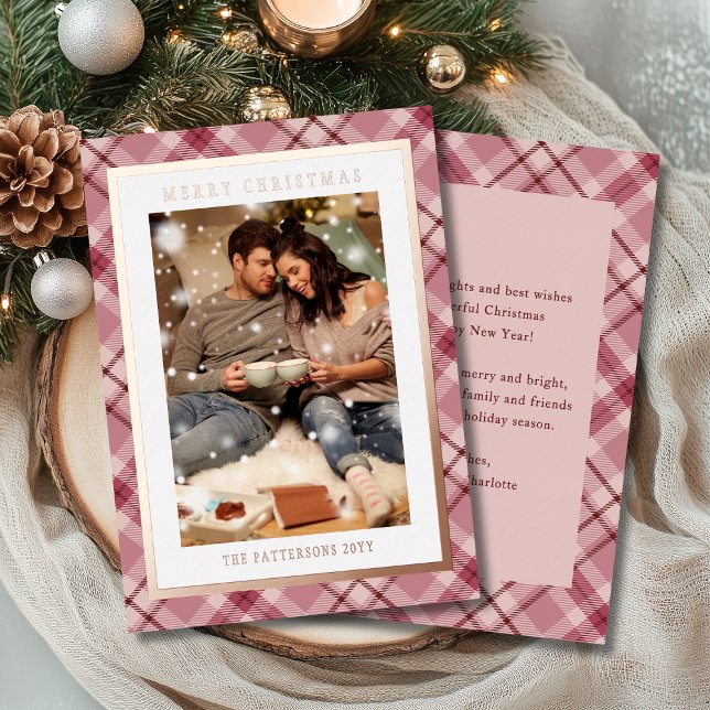 Merry Christmas Pink Plaid Tartan Photo Foil Holiday Card (Creator Uploaded)
