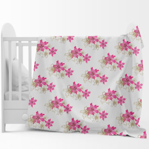 Merry Christmas pink poinsettia and gold flower Fleece Blanket