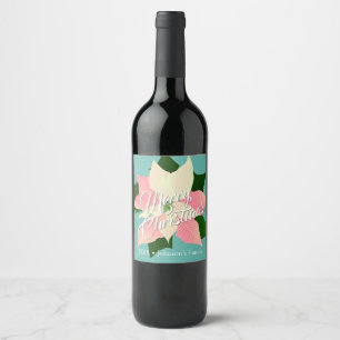 Merry Christmas - Pink Poinsettia Christmas Wine Label