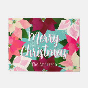 Merry Christmas Pink Poinsettias Doormat