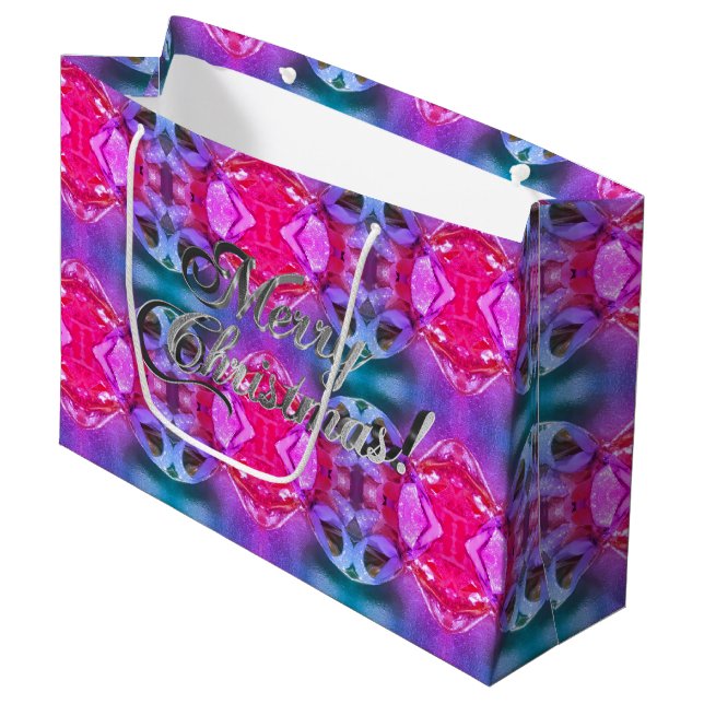Merry Christmas Pink Purple Pattern Elegant Chic Large Gift Bag (Front Angled)