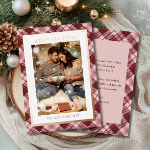 Merry Christmas Pink Red Plaid Tartan Photo Foil Holiday Card