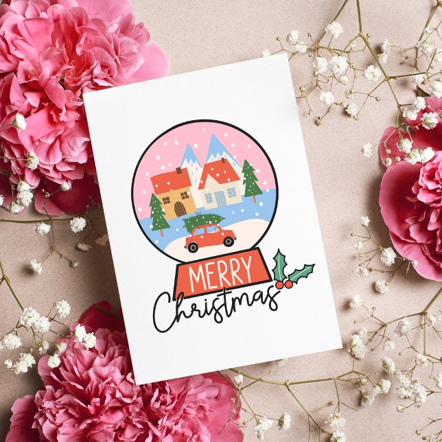 Merry Christmas Pink & Red Snow Globe Card (Merry Christmas Illustrated Blank Greeting Card Pink Retro Snow Globe Holiday Card No Photos)