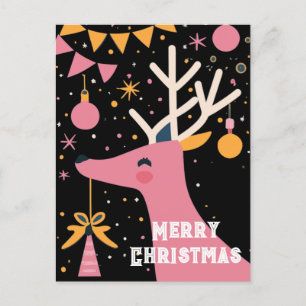 Merry Christmas pink reindeer festive illustration Holiday Postcard