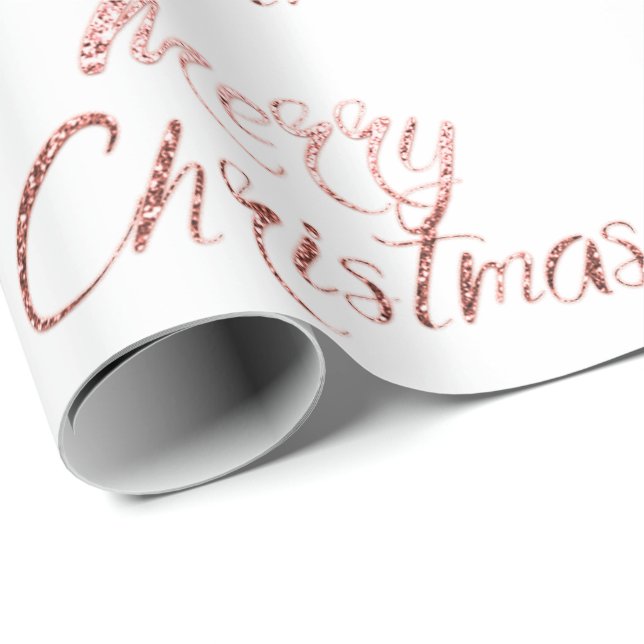 Merry Christmas Pink Rose Gold Glitter White Scrip Wrapping Paper (Roll Corner)