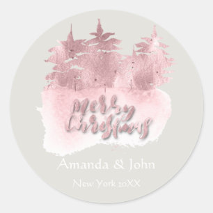 Merry Christmas Pink Rose Name Holidays Grey 3D Classic Round Sticker