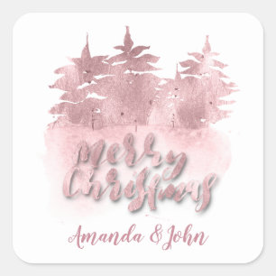 Merry Christmas Pink Rose Name Holidays White Square Sticker