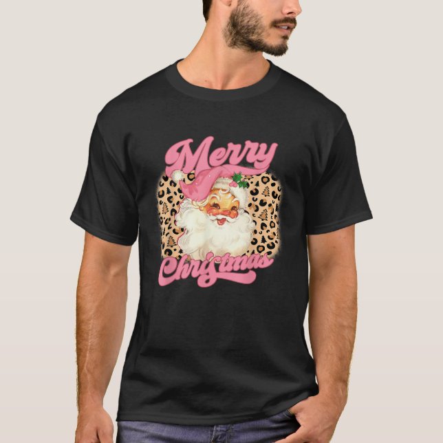 Merry Christmas Pink Santa Claus Leopard Print Wom T-Shirt (Front)
