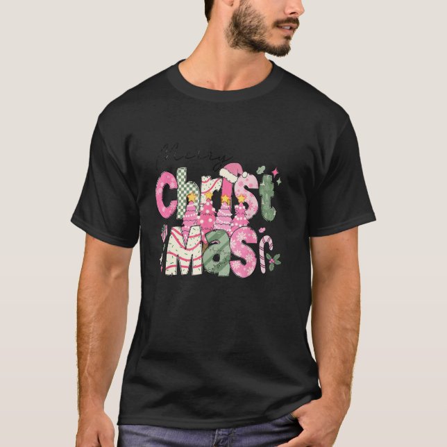 Merry Christmas Pink Santa Hat Xmas Tree Cake Men  T-Shirt (Front)