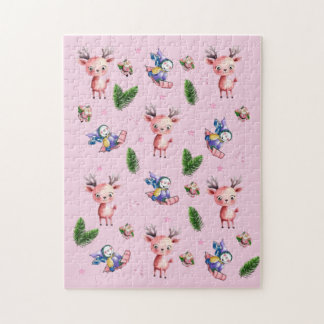 Merry Christmas Pink Santa Reindeer Sled Puzzle