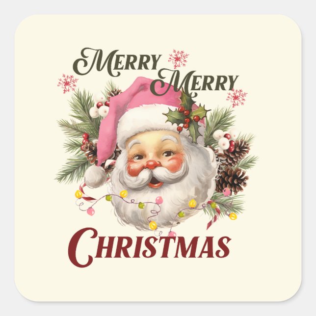 Merry Christmas - Pink Santa Square Sticker (Front)