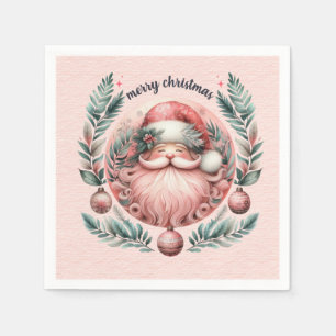 Merry Christmas Pink Santa Wreath Napkin