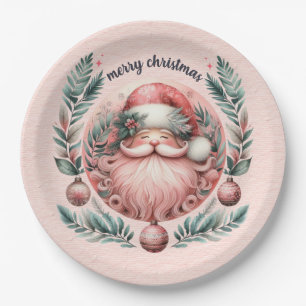Merry Christmas Pink Santa Wreath Paper Plate
