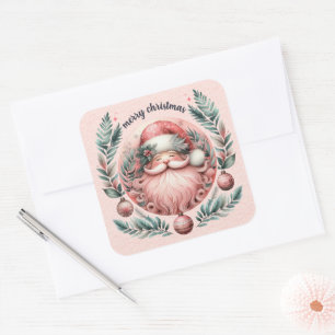 Merry Christmas Pink Santa Wreath Square Sticker