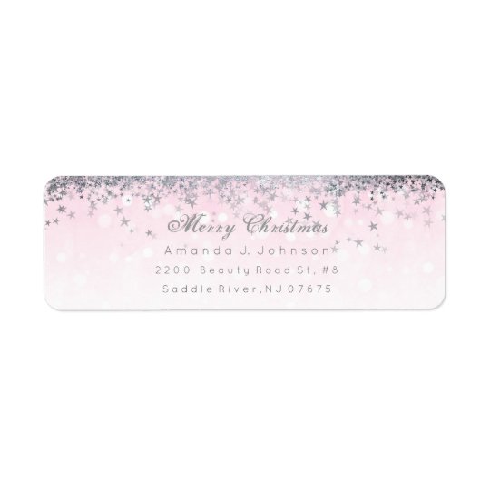 Merry Christmas Pink Silver Stars Snow Confetti Return Address Label