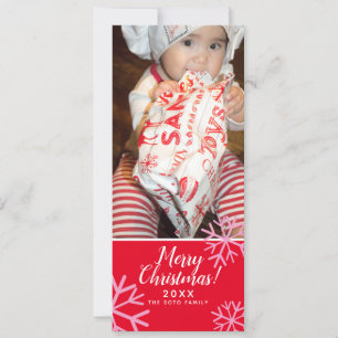 Merry Christmas Pink SnowFlakes Baby Photo Red Holiday Card