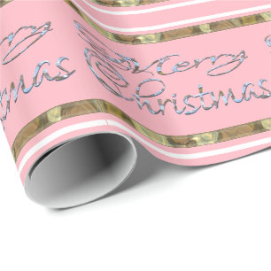 Merry Christmas Pink Striped Elegant Holiday Wrapping Paper