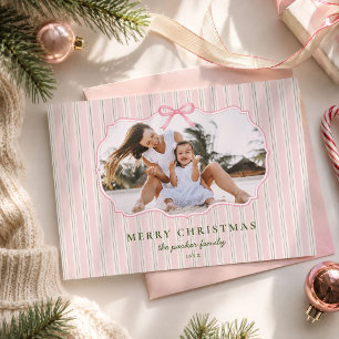 Merry Christmas Pink Ticking Stripe Family Photo Holiday Card