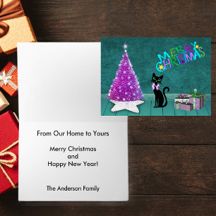 Merry Christmas Pink Tree Cat Presents on Teal Holiday Card