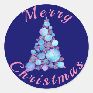 Merry Christmas Pink Tree Purple Classic Round Sticker
