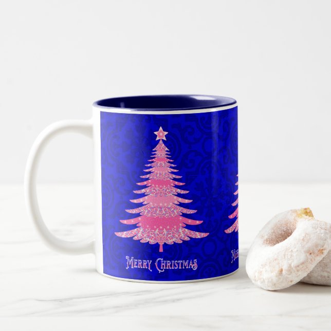 Merry Christmas Pink Tree Sparkle Snowflakes Two-Tone Coffee Mug (With Donut)
