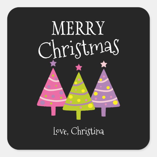Merry Christmas Pink Trees Custom Square Sticker (Front)