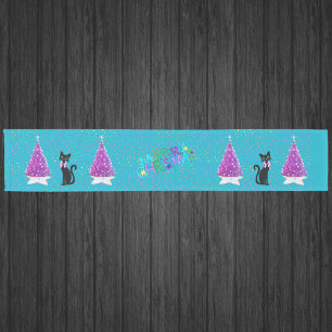 Merry Christmas Pink Trees Pretty Black Cat Stars Short Table Runner