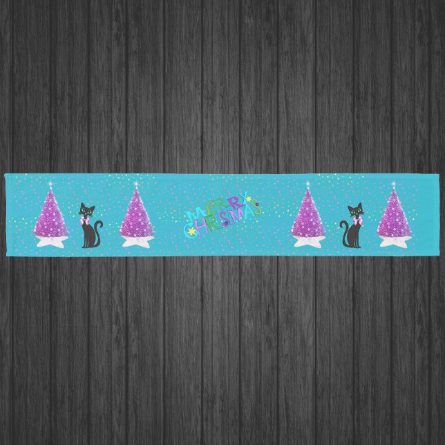 Merry Christmas Pink Trees Pretty Black Cat Stars  Short Table Runner (Pink christmas trees pretty black cats colouful stars on aqua blue Merry Christmas table runner.)