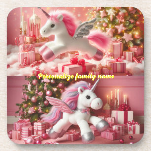 Merry Christmas pink unicorn customise Coaster