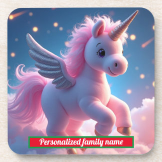 Merry Christmas pink unicorn Hard plastic coaster