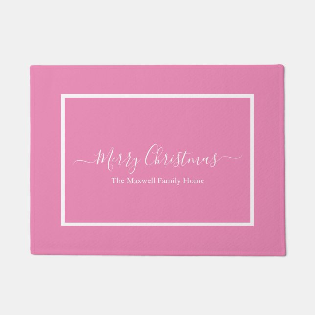 Merry Christmas pink white family name  Doormat (Front)