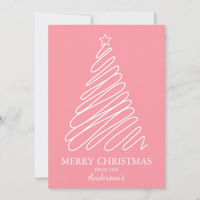 Merry Christmas Pink White Scribble Tree Holiday Card (Front)