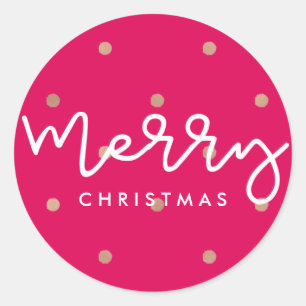 Merry Christmas Pink with Gold Look Dots Classic Round Sticker