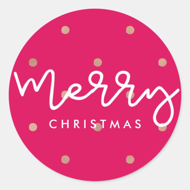 Merry Christmas Pink with Gold Look Dots Classic Round Sticker (Front)