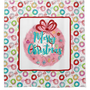 Merry Christmas Pink Wreath Retro Christmas Shower Curtain