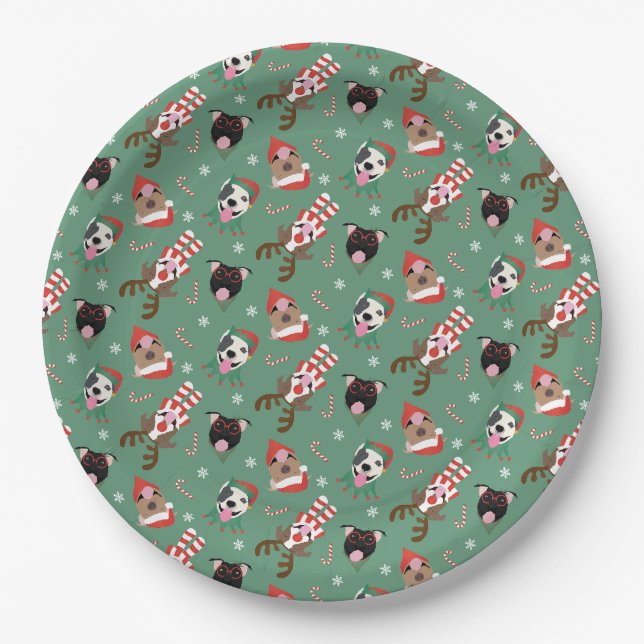 Merry Christmas Pit Bull Dogs Paper Plate (Front)