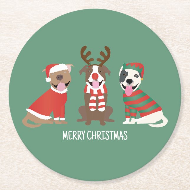 Merry Christmas Pit Bull Dogs Round Paper Coaster (Front)