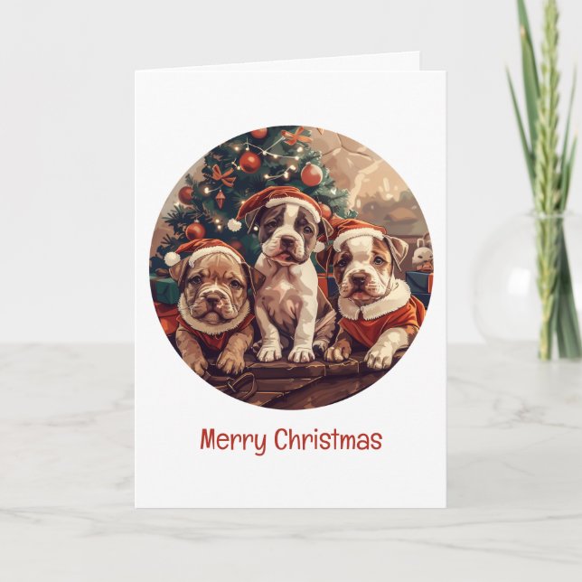 Merry Christmas Pit Bull Puppy Dogs Holiday Card (Front)