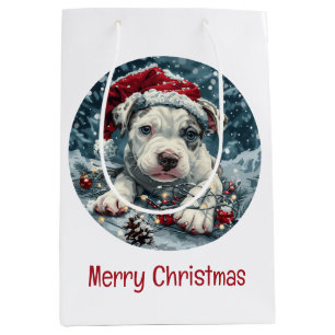 Merry Christmas Pit Bull Santa Puppy Medium Gift Bag