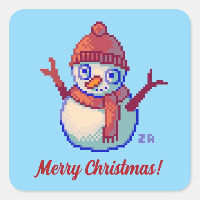 Merry Christmas, Pixel Art, Pixel Art, Snowman Square Sticker (Front)