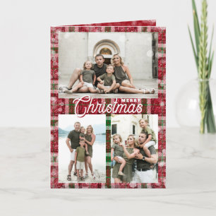 Merry Christmas Plaid 3 Photo Collage Folded Holiday Card
