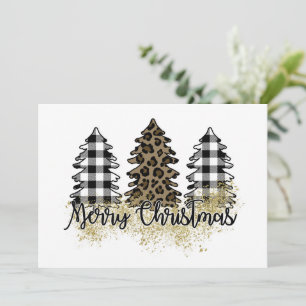 Merry Christmas plaid and leopard print trees Holiday Card